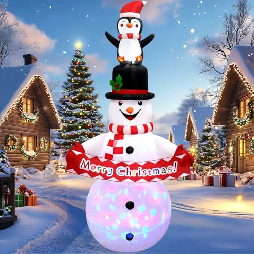 Schneemann Aufblasbare Weihnachtsdeko Outdoor Figuren 182cm Große Weihnachten Aufblasbarer Schneemann Aussen mit Pinguinen Bunte Rotierenden LED Leuchten Wasserdichter Weihnachtsdeko für Draußen Rasen
