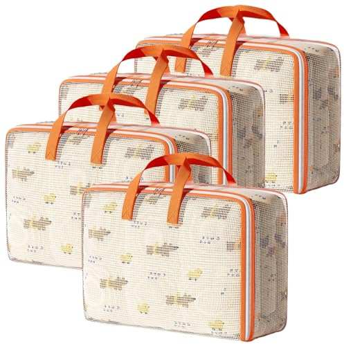 Woobroo - Lot de 4 Sacs de Déménagement 120L Transparents, Grands Sacs de Rangement Imperméables pour Vêtements/Couettes, Alternative aux Cartons avec Poignées Renforcées et Fermeture Éclair (Orange)