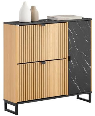 SoBuy Schuhschrank schmal mit 2 Klappen 90x88x24cm für Flur | Schuhkipper in Schwarz mit Marmor & Holzoptik, 60kg Belastung für Flur FSR203-N