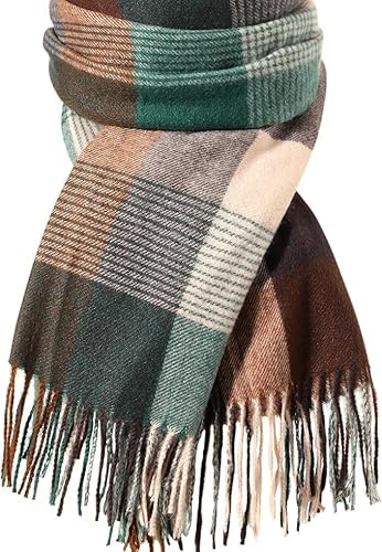 Fullogo Green Womens Winter Scarf, Cashmere Feel Plaid Scarfs for Women, Soft Pashmina Shawls and Wraps, Long Blanket Scarf