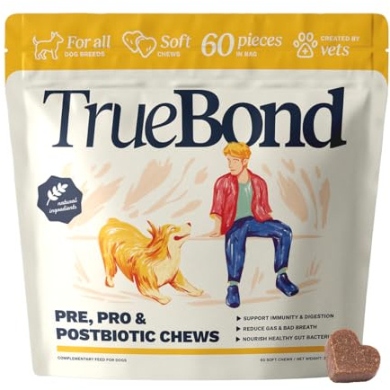 TrueBond Probiotika für Hunde – Mit Pre-, Pro- & Postbiotika (Oralin®, Inulin, EpiCor®) – Mit Kürbis, Psyllium & Bierhefe – Für gesunde Verdauung & Immunsystem – 60 Kausnacks