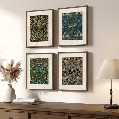 Framed William Morris Wall Art Set of 4, Vintage Botanical Floral Bird Prints, Retro Strawberry Thief Artwork for Living Room Bedroom Bathroom Office Dining Room, 12x16 Inch
