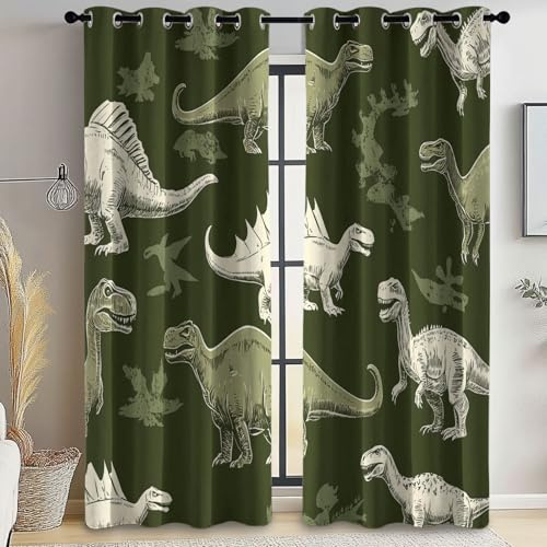 Blickdichte Dicke Gardinen Dinosaurier-Linien Aufdruck Wohnzimmer Thermogardinen, Olivgrün Kälteschutz warm Hitzeschutz Verdunkelungsvorhänge mit Ösen, H166 x B75 cm (2er Pack)