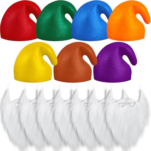 Jadive 14 Stück Zwerg Kostüm Set 7 Zwergenmütze Erwachsene 7 Zwergenbart Weißer Bart Bunte Zipfelmütze mit Bart Zwerge Kostüm Wichtelmützen Schlumpf MüTze für Karneval Fasching Halloween Weihnachten