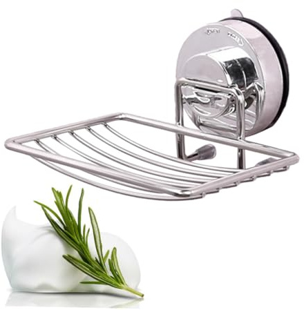 Portasapone a Ventosa in Acciaio Inox, senza Fori, per Bagno e Doccia | Portasaponi per Doccia, Argento, Design Semplice e Moderno, per Spugne da Lavello e Cucina in Casa