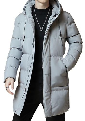 WOWEI herr vinter lång dunjacka varm vindtät tjock fodrad buffertjacka med huva vinterjacka vinterrock med fickor dunrock quiltad kappa parkas jacka utomhus, GRÅ, XL