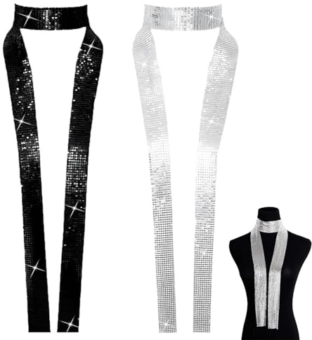 2 Pezzi Sciarpa Di Glitterata In Metallo Da Donna, Sciarpa Argento Glitter, Cravatta Con Paillettes Sottile, Sciar pa Sottile Paillettes Per Le Donne, Brillante Accessori Costume,Per Cosplay Carnevale