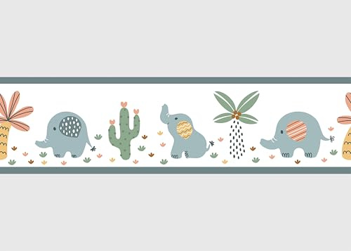 Selbstklebende Bordüre Weiße Elefanten AG Design, AWBD 8508 | Wasserfest Kinderzimmer Wand Aufkleber Dekoration | Wandbordüre für Mädchen und Junge | Folie | Breite 500 cm x Höhe 13.8 cm