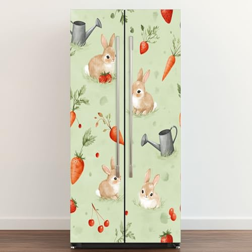 Self Adhesive Vinyl Refrigerator Wrap Cute Bunny Carrots Strawberries Watering Cans Pastel Green Watercolor Door Mural Sticker Peel and Stick Removable Door Cover Fridge Wrap Decal for Easter Decor