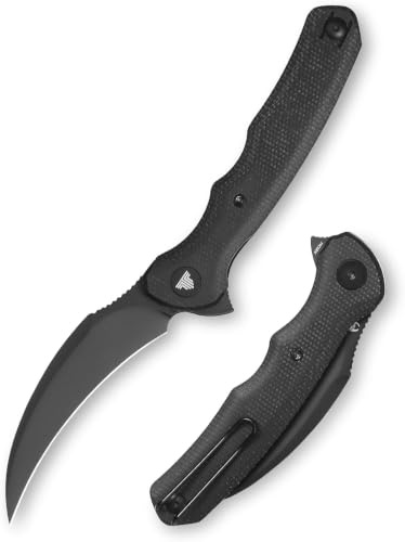 TRIVISA Couteau de poche Lacerta-04B, Couteau Pliant avec Clip de Ceinture, Couteau à Deux Mains Hawkbill Pikal pour Homme, Lame en acier 14C28N de 8,5 cm au PVD Lame, Manche en Noir Micarta (Noir)