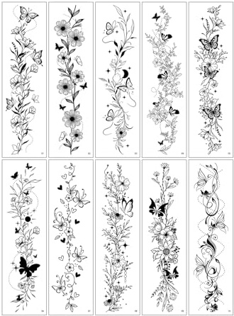UZYXC 10 Tatuaggi Temporanei Fiori per Donna - Adesivi Neri Impermeabili per Braccio, Donna Tatuaggi Temporanei Clavicola - Body Art