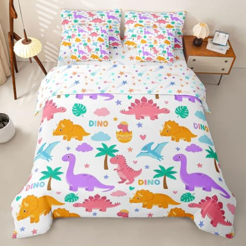 Loussiesd Söt dinosaurie påslakan med lakan 7 delar dubbel storlek tecknad djungel dino säng i en väska barn pojkar flickor Kawaii vilda djur bäddset sovrum dekor andningsbar mjuk lätt mikrofiber