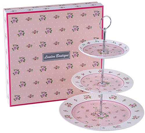 London Boutique Soporte de 2 Niveles para Tartas de Porcelana, diseño Vintage de Flores de Victoria en Caja de Regalo, Color Rosa