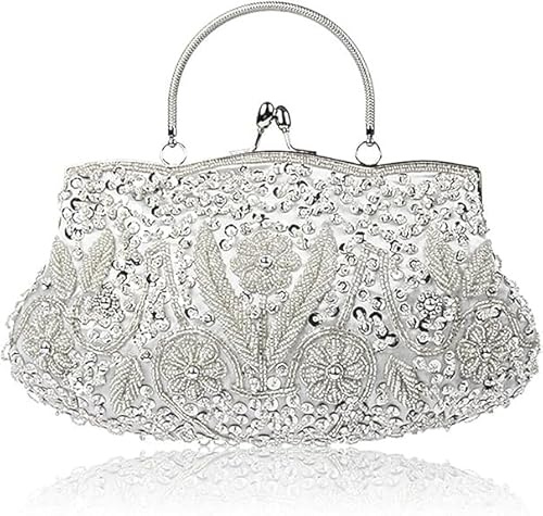 EROUGE Beaded Sequin Design Flower Evening Purse Large Clutch Bag