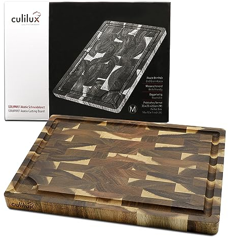 CULILUX Gourmet Schneidebrett M Stirnholz Akazie 2-seitig 35 x 25 x 2.5 cm mit Saftrille antiseptisches Hirnholz Holzbrett als Schneidbrett und zum Servieren