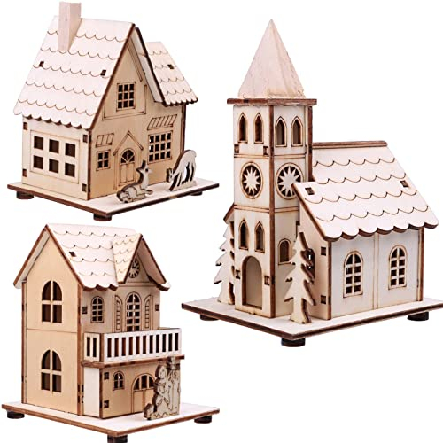 FUFRE 3 Stück LED-Weihnachtsdorf aus Holz, beleuchtet, Weihnachtsdorf, Miniatur, mit Lichtern, Tischdekoration für Urlaub, Weihnachten, Anhänge