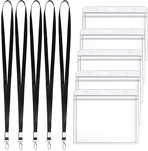 5PCS Lanyards with Card Holder, Black Flat Nylon Lanyards for Neck Plastic ID Card Holders