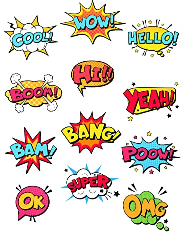 12 Bügelbilder - Wow Bang OMG Yeah Bam Boom Cool Hello Hi Comic Sprechblase Badge Bügelbild Aufbügler