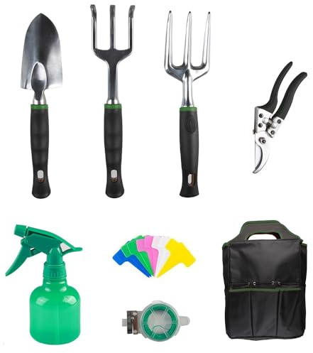 TERRE JARDIN Kit D'Outils De Jardinage Ensemble 8 Pièces Aluminium | Set complet 8 pièces avec sac de transport : sécateur, transplantoir, fourche 3 dents, râteau 3 dents, vaporisateur 250 ml