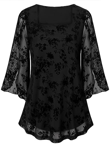 Syphiby Ladies Tunic Tops UK, Loose for Women UK Womens Shirts and Blouses Chiffon Size 18 Elegant Lace Swing Lightweight Mesh Blouse 3/4 Sleeve Dressy Top, Black Jacquard Weav, XL