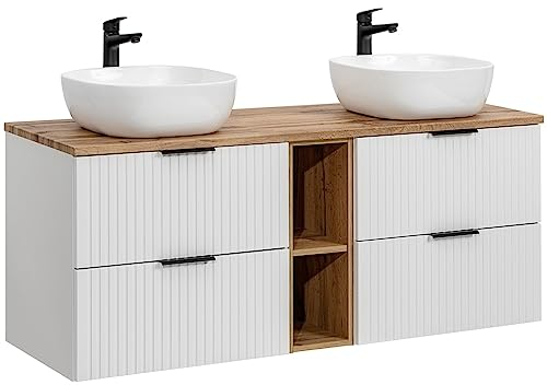 Lomadox Double vasque de 140 cm avec 2 vasques à poser, blanc avec façade rainurée et chêne Nb, plateau de lavabo en chêne, 4 tiroirs