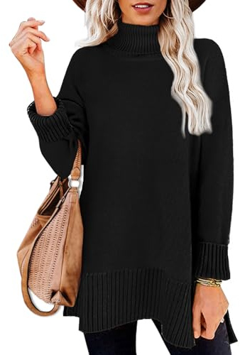 Aokosor Women Jumper Turtle Neck Tops for Ladies Ribbed Sweater Split Tunic