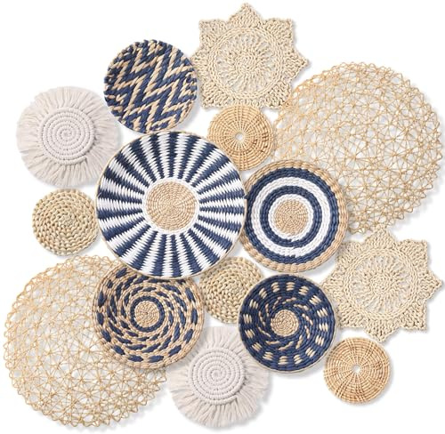 Anglechic 15 Pcs Boho Wall Basket Decor Woven Rattan Seagrass Wall Decor Hanging Rustic Farmhouse Western Art Decoration for Nursery Living Room Bedroom Home Kitchen(Blue Style)