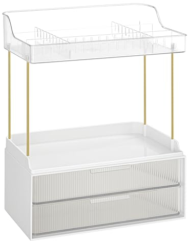 SONGMICS Make-up Organizer 4 Ebenen, Kosmetik-Organizer, 4 Trennwände, Make-up Box für Schminktisch, rutschfest, Badezimmer, Schlafzimmer, Küche, 20 x 32 x 39,1 cm, transparent JKA021W02