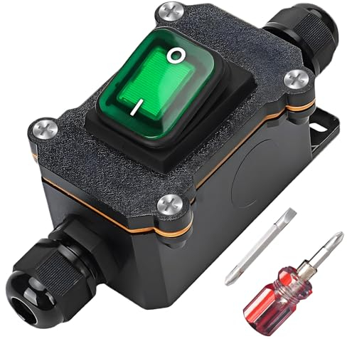 IP65 Wasserdichter Inline Schalter 12V DC 20A DPST 4 polig: 12v Schalter Kabelschalter Schnurschalter Wippschalter mit LED grün Licht Joystick Tasten Auf beiden Seiten Ein und Ausgang