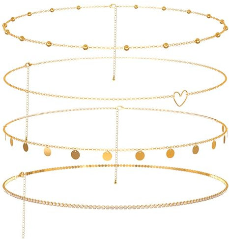 Forhandy 4 Stück Bbauchkette, Körperketten Verstellbar Bauchkette Gold Set für Frauen Mädchen, Taillenkette Belly Waist Chain Bikini-Kette Quaste (Goldene)