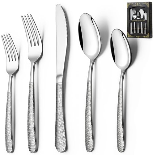 40-Piece Hammered Silverware Set, Deedro Stainless Steel Heavy Duty Flatware Set for 8, Food-Grade Tableware Cutlery Set, Utensil Sets for Home Restaurant, Mirror Finish, Dishwasher Safe