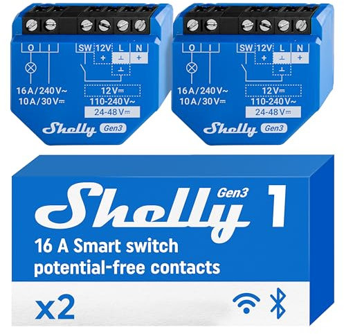 Shelly 1 Gen3, Wi-Fi Interruttore Intelligente Relé, 1 Canale, 16А, Contatto Pulito, Controllo Remoto e Automazione, Porta del Garage, Nessun Hub Richiesto, Alexa, Google Home (2 Pezzi)