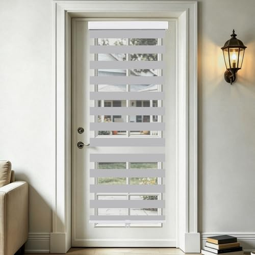 SEEYE Cordless Zebra Blinds for Window & French Door, Free-Stop Roller Window Shades with Valance, 25 W x 90 H, Light Filtering Sheer Blinds & Shades, Easy to Install, Gray