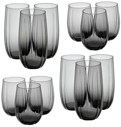 Queensway Home & Dining 12-Piece Coloured Glass Tumbler Set - Stylish, Durable Drinkware for Cocktails, Juices & Everyday Use - 380ml & 500ml Dark Grey Dishwasher Safe Glasses