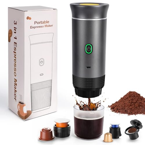 SOPPY Portable Electric Espresso Machine, Portable Coffee Maker, Compatible with Big Capsule, Small Capsule and Coffee Powder, Self-Heating, Travel Coffee Maker for RV, Camping, Office, Home, Grey