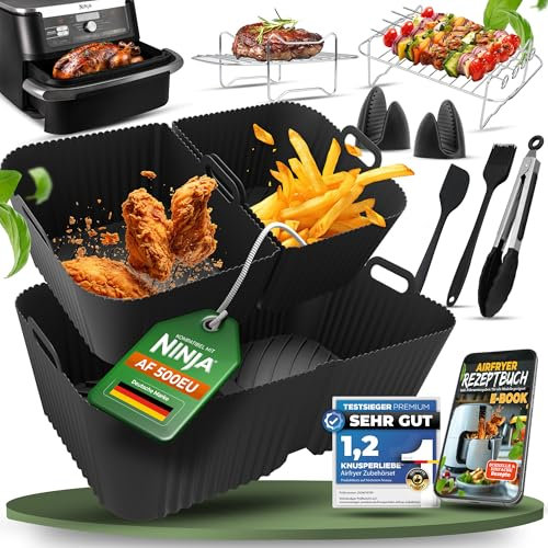 KNUSPERLIEBE® Airfryer Heißluftfritteuse Zubehör XXL SET für Airfryer Ninja Foodi Flexdrawer AF500EU 10,4 L mit 1×10.4L & 2×5.2L Silikonform, passend für Cosori Twinblaze, Cecotec 9000, BPA-FREI