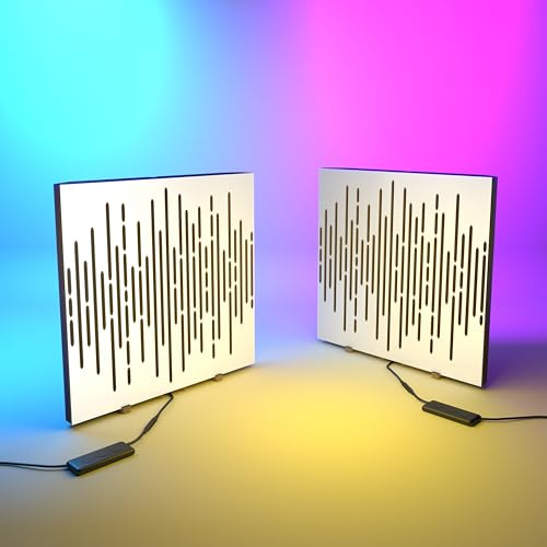 2er Pack Akustikpaneele WAVE mit RGB-Schreibtischlampe | Mobiler Ständer mit LED-Tischfuß | Für Podcast-Studios und Spielzimmer | 50 × 50 cm | Farbe: Weiß