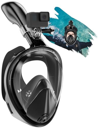 Maschera Snorkeling per Adulti, Maschera Integrale Snorkeling a 180° / Sicurezza CO2, Tecnologia Antiappannamento e Antiperdita con Fascia Regolabile, Compatibile con Fotocamere Sportive (Nero, L/X)