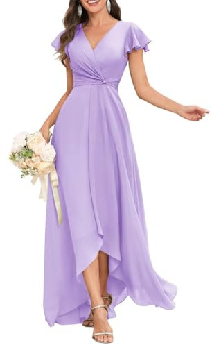 Vestidos de dama de honor de gasa para mujer, plisados, vestidos formales de noche, vestidos de cóctel, talla grande, Lila, 48