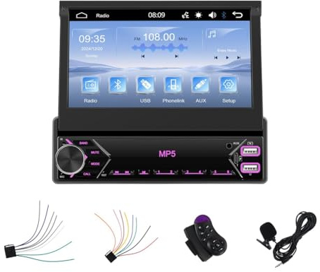 Kueohse Radio para Coche de un Solo DIN con CarPlay, Android Auto, Pantalla Táctil Retráctil de 7 Pulgadas, Bluetooth, FM, Ecualizador, SWC.