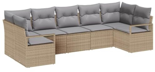 vidaXL 7-teiliges Garten-Sofaset mit Kissen in Beige und Hellgrau, aus Poly-Rattan, modulare Gartenmöbel, für den Außenbereich, Balkonlounge, Ecksofa, Terrasse, Sommer, flexibel