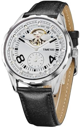 TIME100 Reloj Automático Mecánico Hombre, Reloj Piloto Esqueleto Open Heart, Movimiento Automático sin Batería, Agujas Luminosas, Impermeable, Correa de Piel, Diseño Angel Wing Elegante Business