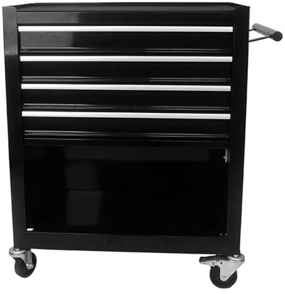 4-Drawer Rolling Tool Box with Lockable Wheels & Interlock System | Portable Metal Tool Storage Organizer for Garage, Warehouse, Workshop | Multifunctional Mechanic Tool Chest Cabinet Trolley (Black)