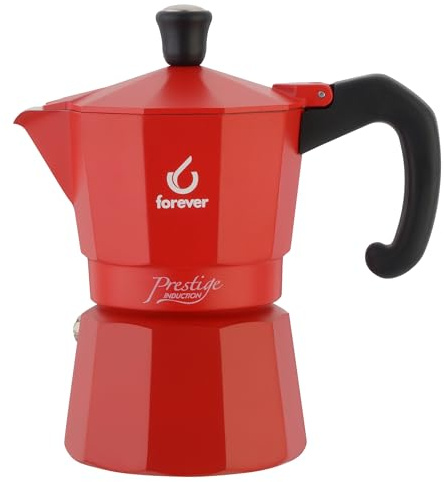 FOREVER Caffettiera Moka per Induzione, Miss Moka Prestige Induction 'All Red', Caffettiera Moka per Casa, Caffettiera Portatile per Viaggio, inclusa Guarnizione in Silicone (3 Tazze)
