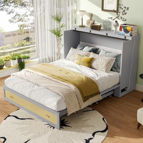 Soweiz Schrankbett 140x200 cm, Klappbett zur Wandmontage, platzsparendes Bett Schrank für Wohnzimmer & Gästezimmer, Stabiler Holzrahmen (Grau Holzfarbe)