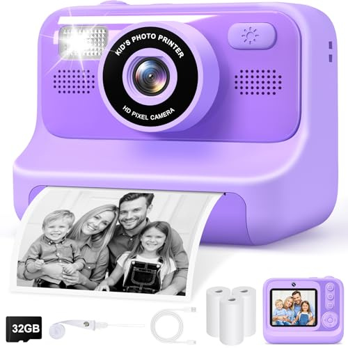 Gontence Kinderkamera Sofortbildkamera, 2,4-Zoll Selfie Kamera mit 32GB Karte | 3 Rollen Fotopapier, 1080P Kinder Kamera, Spielzeug Geschenke mädchen Junge ab 3-12 Jahre(Violett)