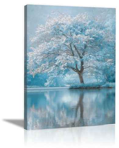 WIKEO Albero della vita Stampa su tela Pittura Albero fiorito a foglia d'oro Moderno Soggiorno Sala Da Pranzo- Bagno -Cucina e Ufficio Quadro Poster (bianco)-80x120cm Incorniciato