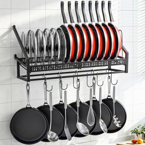 Housolution Pfannenhalter Topfdeckel Organizer Topfdeckelhalter Wand | 14 Verstellbare Fächer, Pfannen Halterung Deckelhalter Hängend mit 6 S-Haken & 6 Vertikale Haken