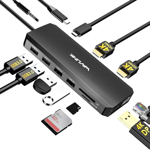 WAVLINK Docking station USB C 12 in 1, Dual 4K HDMI DisplayPort Hub con 100W PD, Ethernet RJ45, USB 3.0, USB 2.0, lettore di schede SD/TF, jack audio da 3,5 mm, adattatore per laptop multiporta