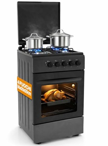 BAKAJI Cucina da Esterno Alimentazione a Gas con Forno e 4 Fuochi, Cucinino con Bruciatori e Griglie Rimovibili in Ghisa con Mobile e Accensione Ergonomica, Ideale per Esterni ed Interni (Nero)